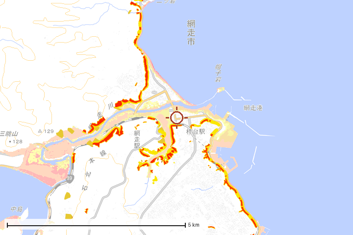 網走市周辺のハザード重ね図