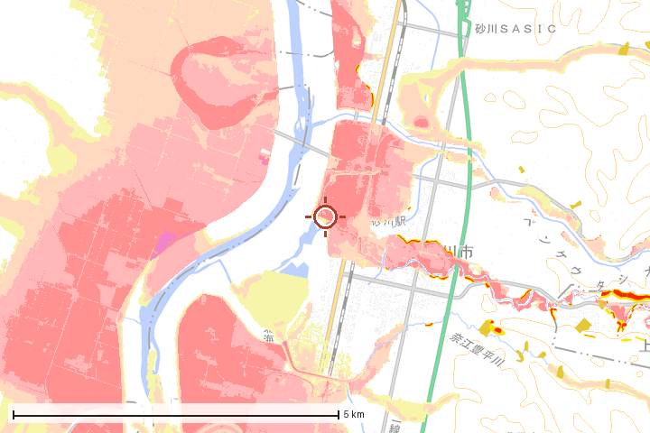 砂川市周辺のハザード重ね図