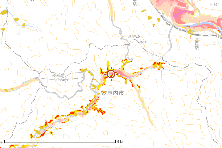 歌志内市周辺のハザード重ね図