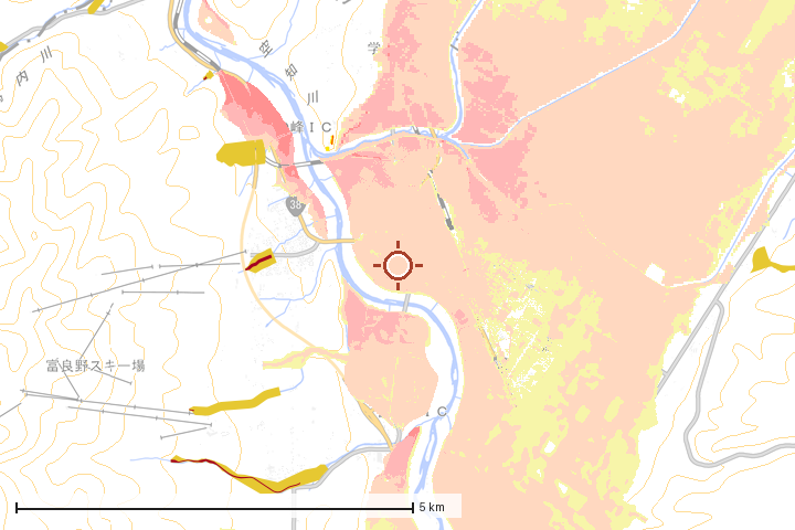 富良野市周辺のハザード重ね図