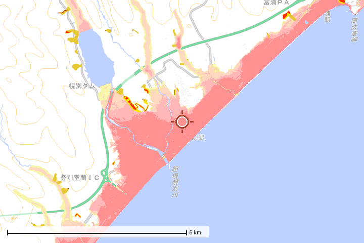 登別市周辺のハザード重ね図