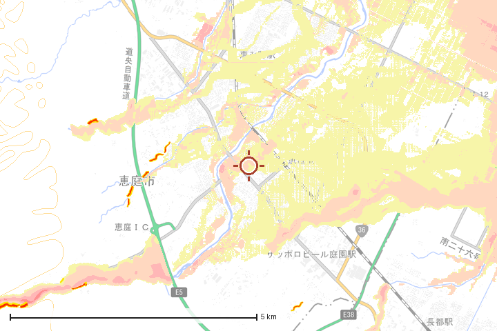恵庭市周辺のハザード重ね図
