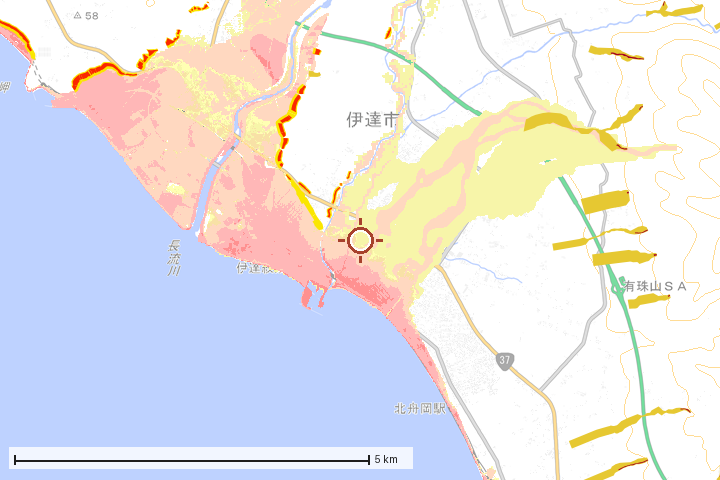 伊達市周辺のハザード重ね図