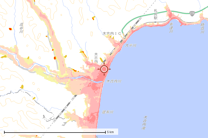 木古内町周辺のハザード重ね図