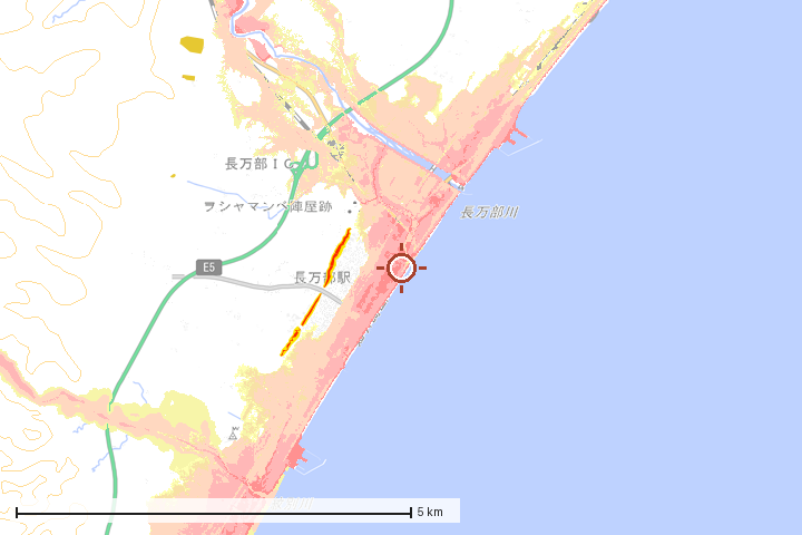 長万部町周辺のハザード重ね図