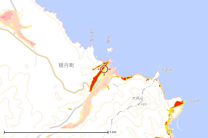 積丹町周辺のハザード重ね図