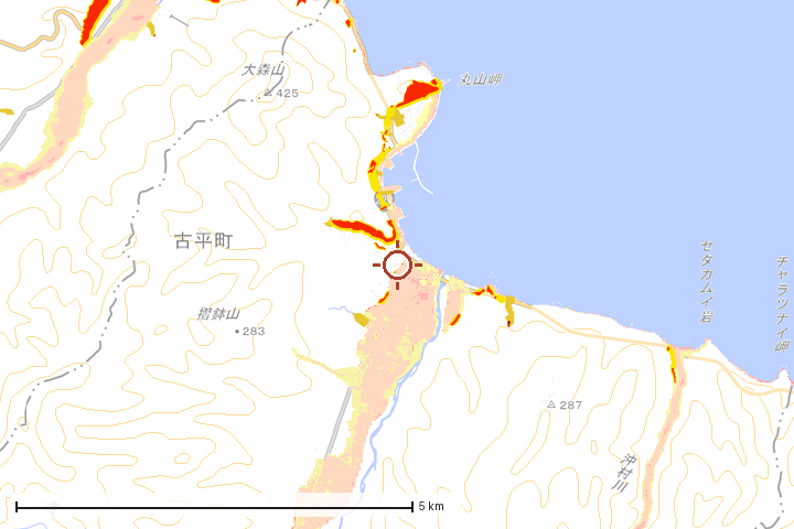 古平町周辺のハザード重ね図