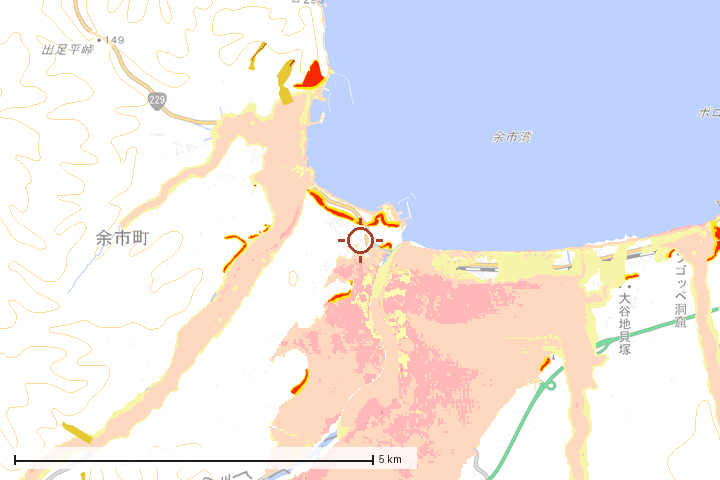 余市町周辺のハザード重ね図