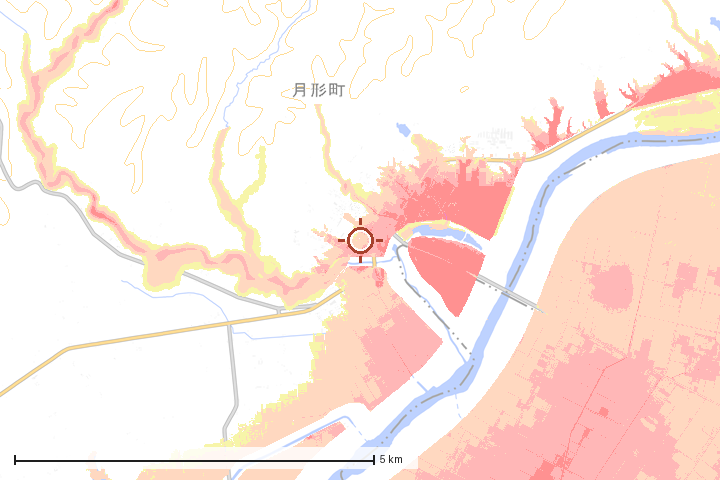 月形町周辺のハザード重ね図