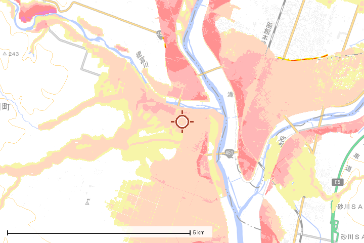新十津川町周辺のハザード重ね図