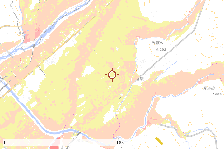 当麻町周辺のハザード重ね図