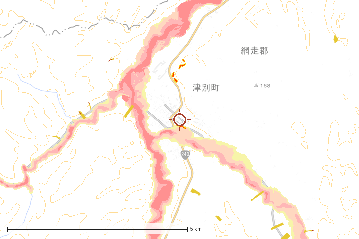 津別町周辺のハザード重ね図