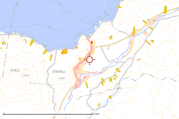 壮瞥町周辺のハザード重ね図