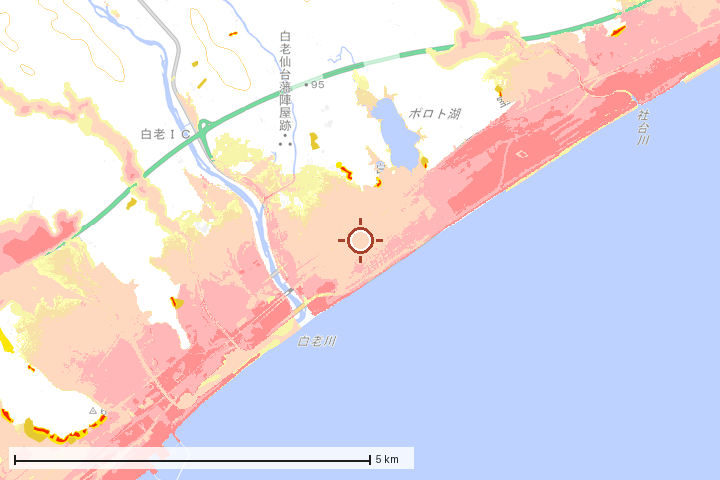 白老町周辺のハザード重ね図
