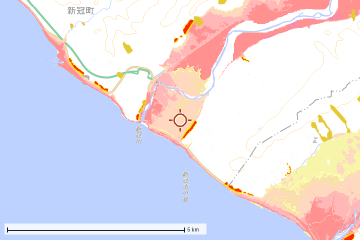 新冠町周辺のハザード重ね図