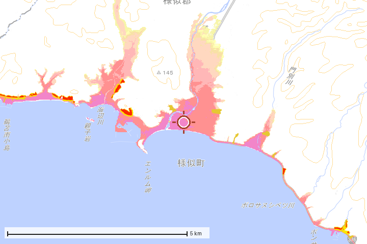 様似町周辺のハザード重ね図