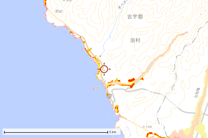 泊村周辺のハザード重ね図