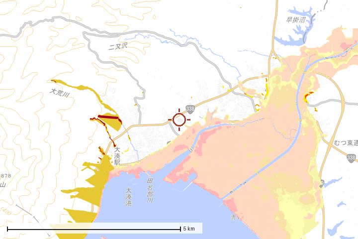 むつ市周辺のハザード重ね図