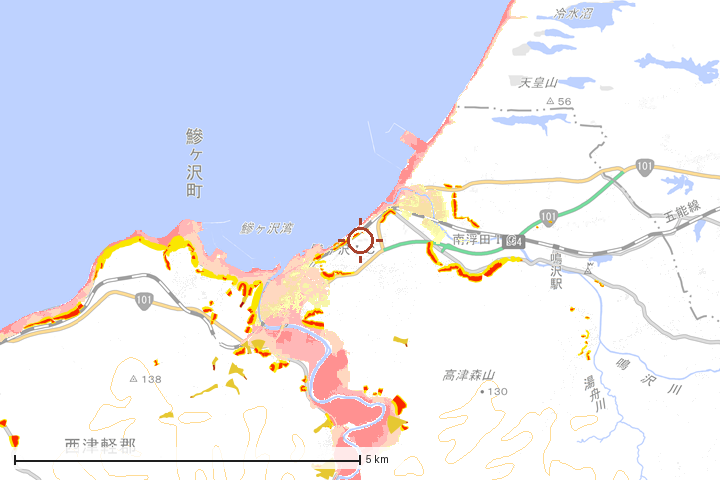 鰺ヶ沢町周辺のハザード重ね図