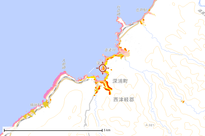 深浦町周辺のハザード重ね図