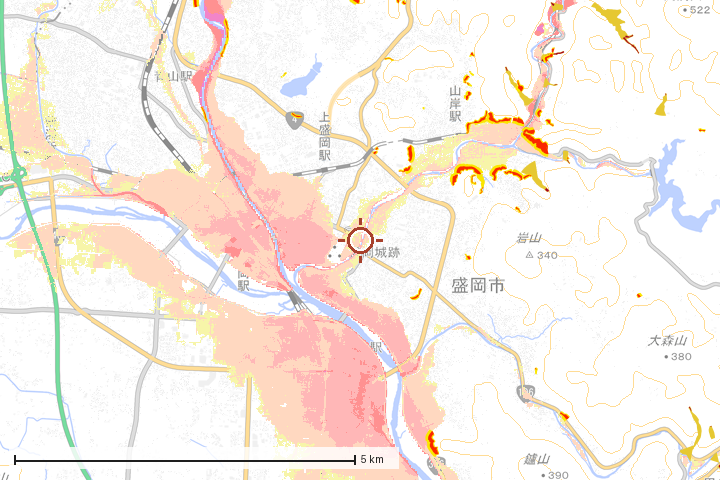 盛岡市周辺のハザード重ね図