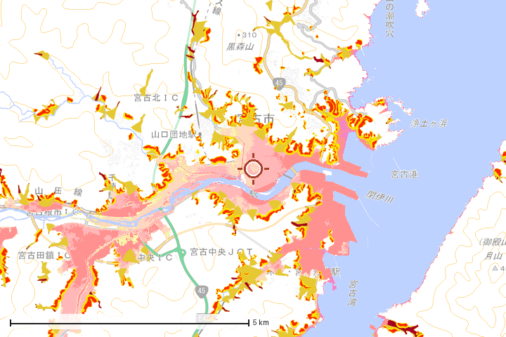 宮古市周辺のハザード重ね図