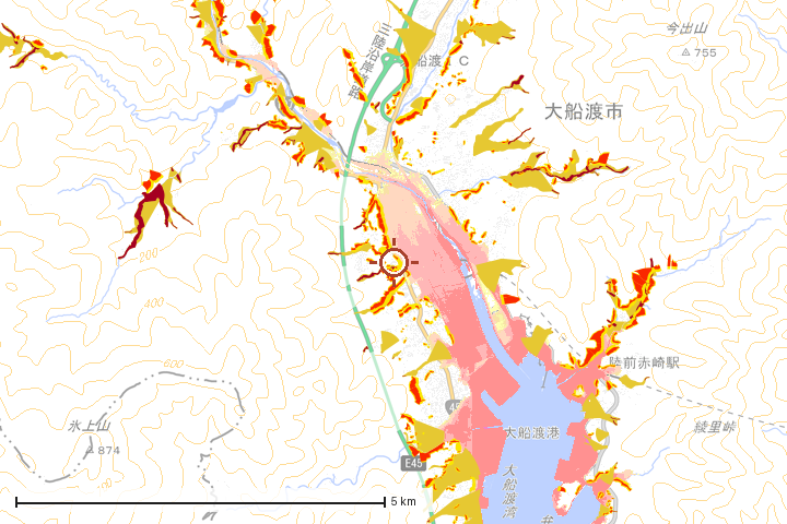 大船渡市周辺のハザード重ね図