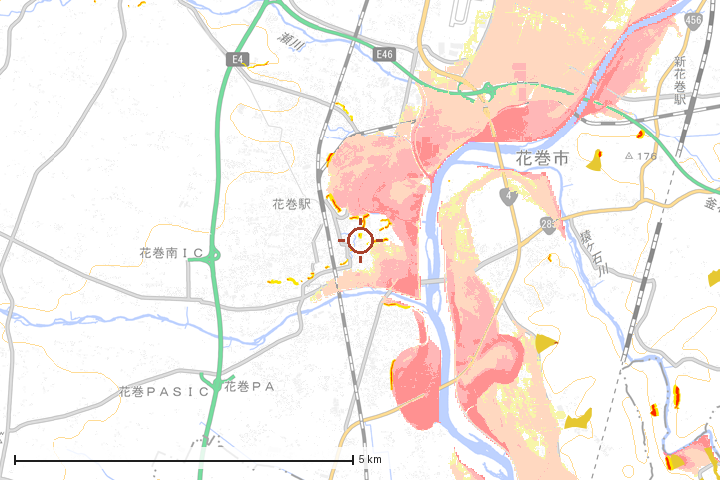 花巻市周辺のハザード重ね図