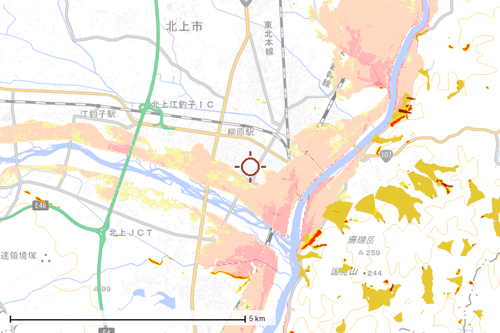 北上市周辺のハザード重ね図