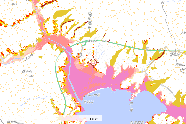 陸前高田市周辺のハザード重ね図