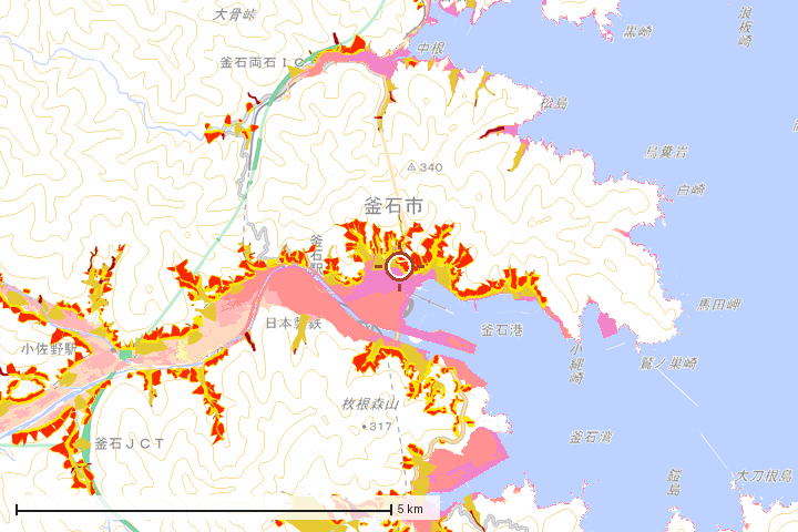 釜石市周辺のハザード重ね図