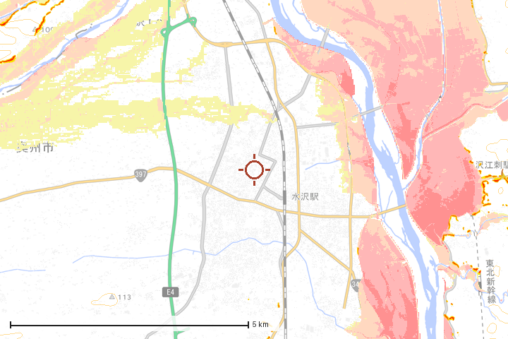 奥州市周辺のハザード重ね図
