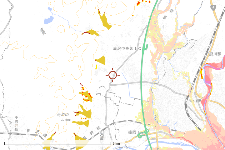 滝沢市周辺のハザード重ね図