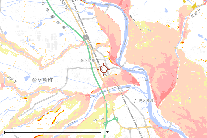 金ケ崎町周辺のハザード重ね図