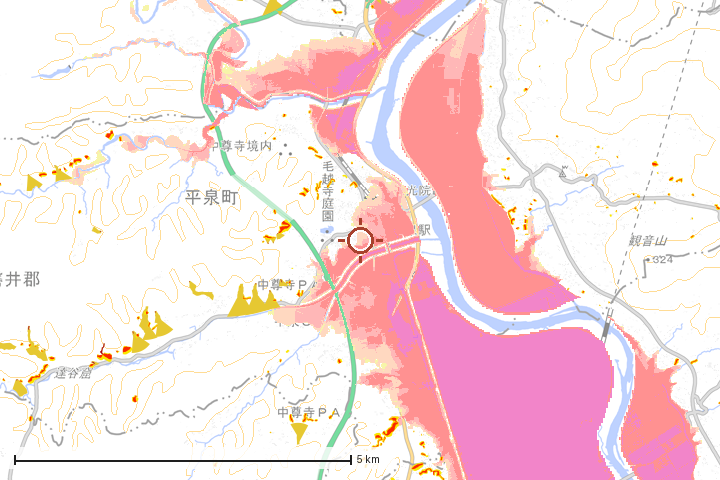 平泉町周辺のハザード重ね図