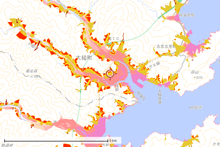 大槌町周辺のハザード重ね図
