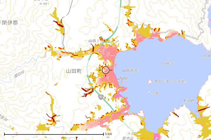 山田町周辺のハザード重ね図