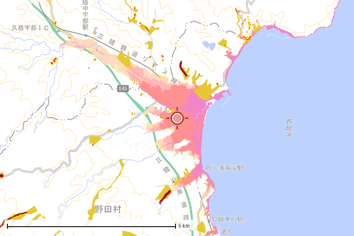 野田村周辺のハザード重ね図