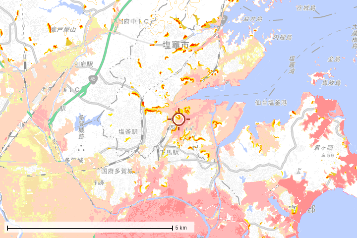 塩竈市周辺のハザード重ね図