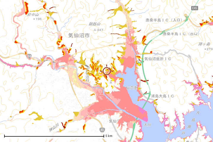 気仙沼市周辺のハザード重ね図