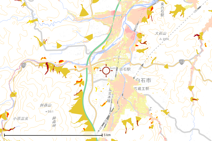 白石市周辺のハザード重ね図