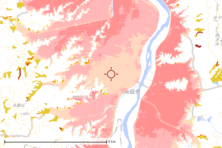 角田市周辺のハザード重ね図