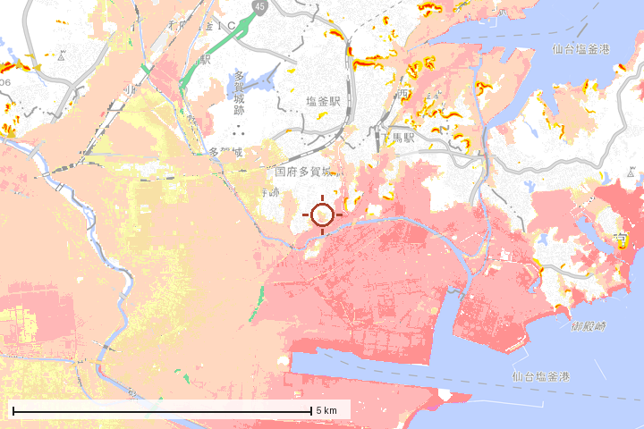 多賀城市周辺のハザード重ね図