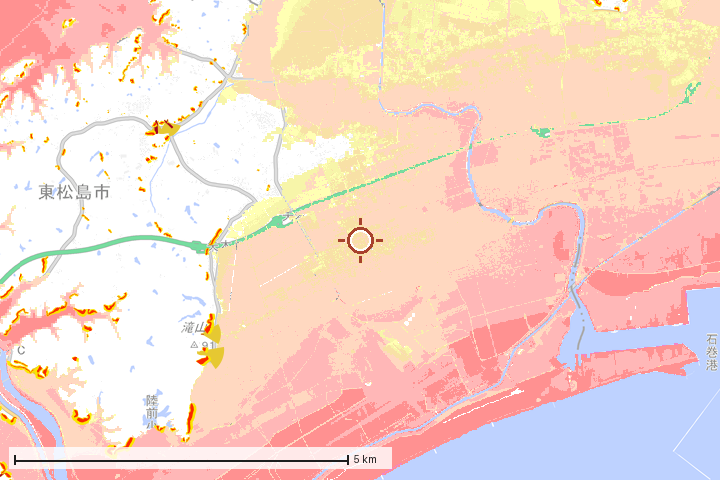 東松島市周辺のハザード重ね図