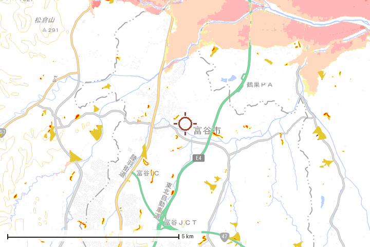 富谷市周辺のハザード重ね図