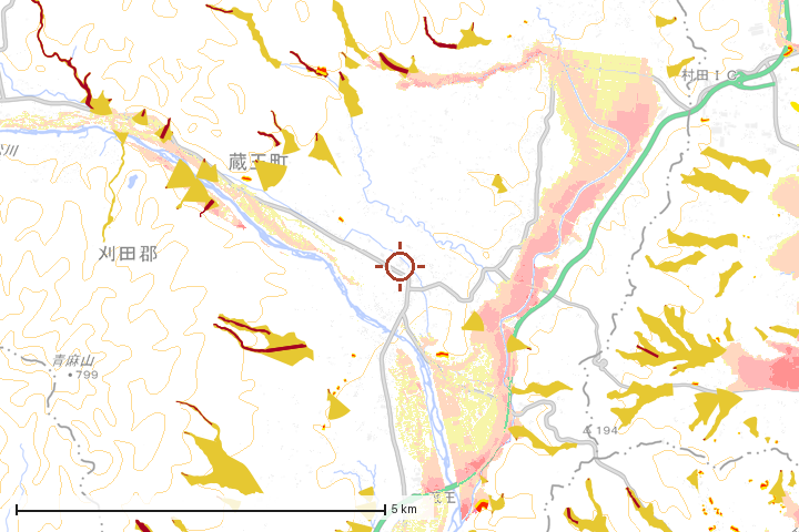 蔵王町周辺のハザード重ね図