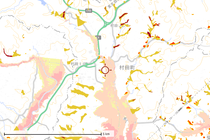 村田町周辺のハザード重ね図
