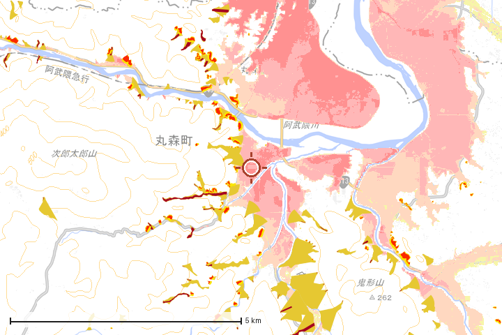 丸森町周辺のハザード重ね図