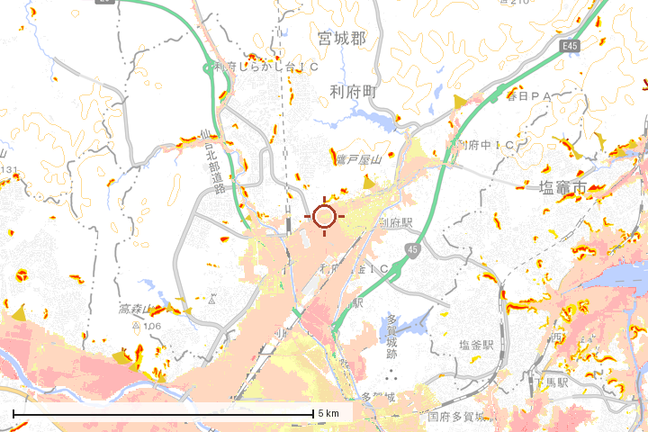 利府町周辺のハザード重ね図