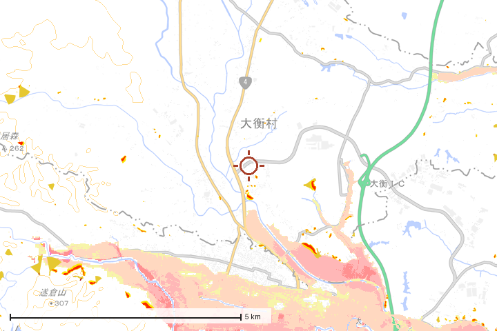 大衡村周辺のハザード重ね図